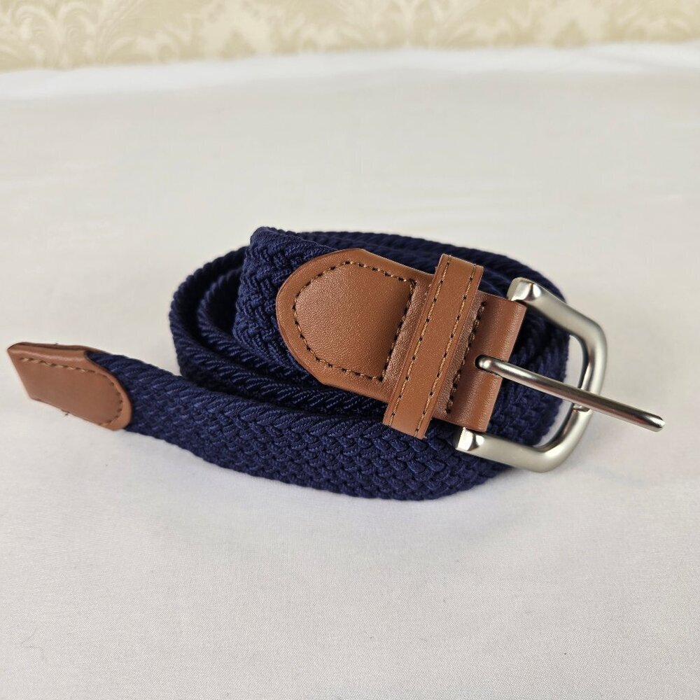 Mugsy Navy Blue Woven Belt Brown Tabs Brushed Silver Hardware One Size Fits Most